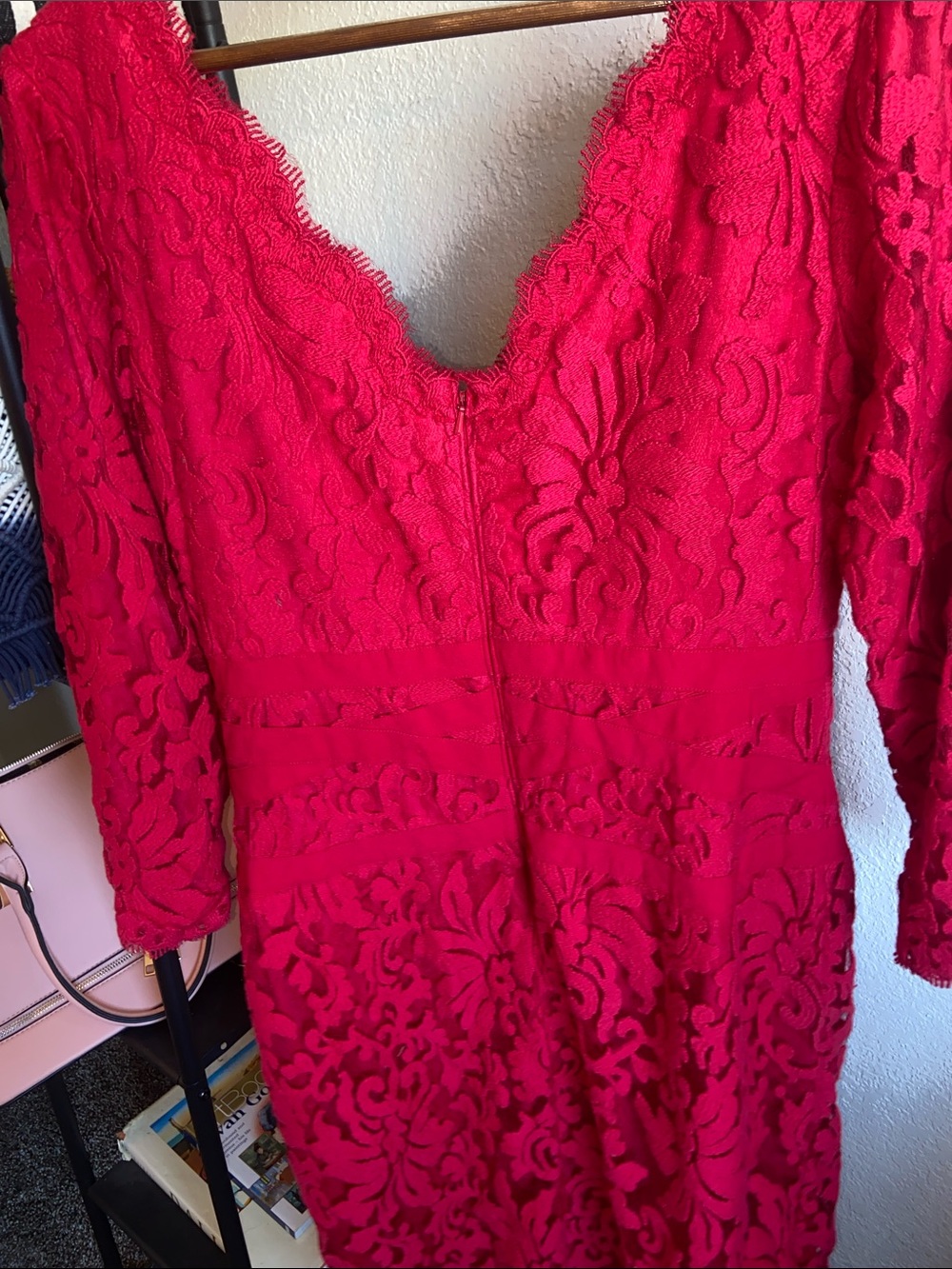 Red Lace V-Neck Women's Dress - Picture 4 of 4